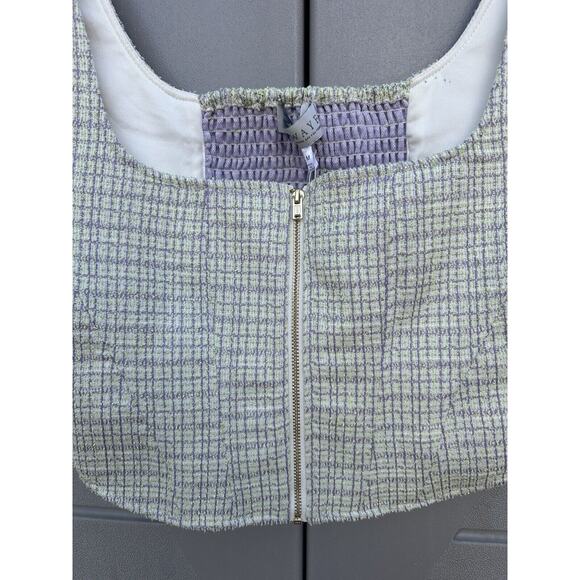 WAYF Tweed Green Gold Metallic Zipper Cropped Bustier Corset Top Smocked Back M - Picture 3 of 10